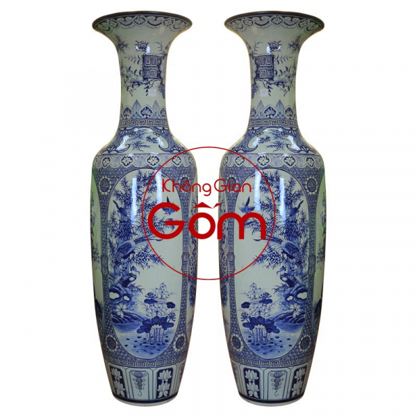 Lộc bình 1M65 tứ quý men xanh vẽ kĩ - Gốm sứ men xanh cao cấp