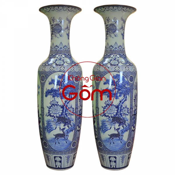 Lộc bình 1M65 tứ quý men xanh vẽ kĩ - Gốm sứ men xanh cao cấp