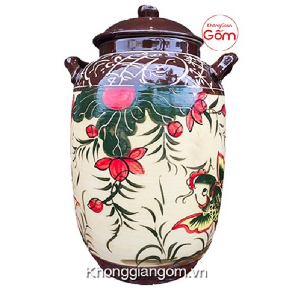 Bình ngâm rượu bằng gốm men nâu Tranh Đông Hồ - Chất liệu Gốm sứ cao cấp, Dung tích 15L