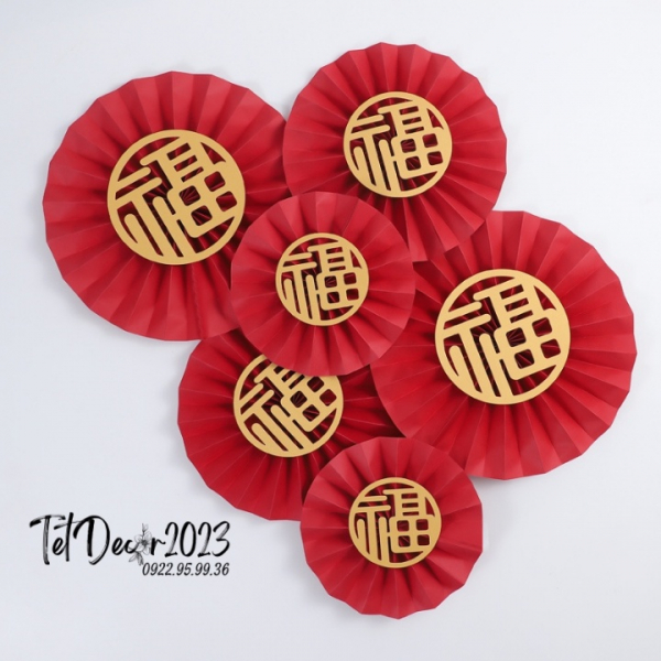 Set Quạt Giấy Đỏ Trang Trí Tết (1 SET 6 quạt) - Chất Liệu Giấy Cao Cấp